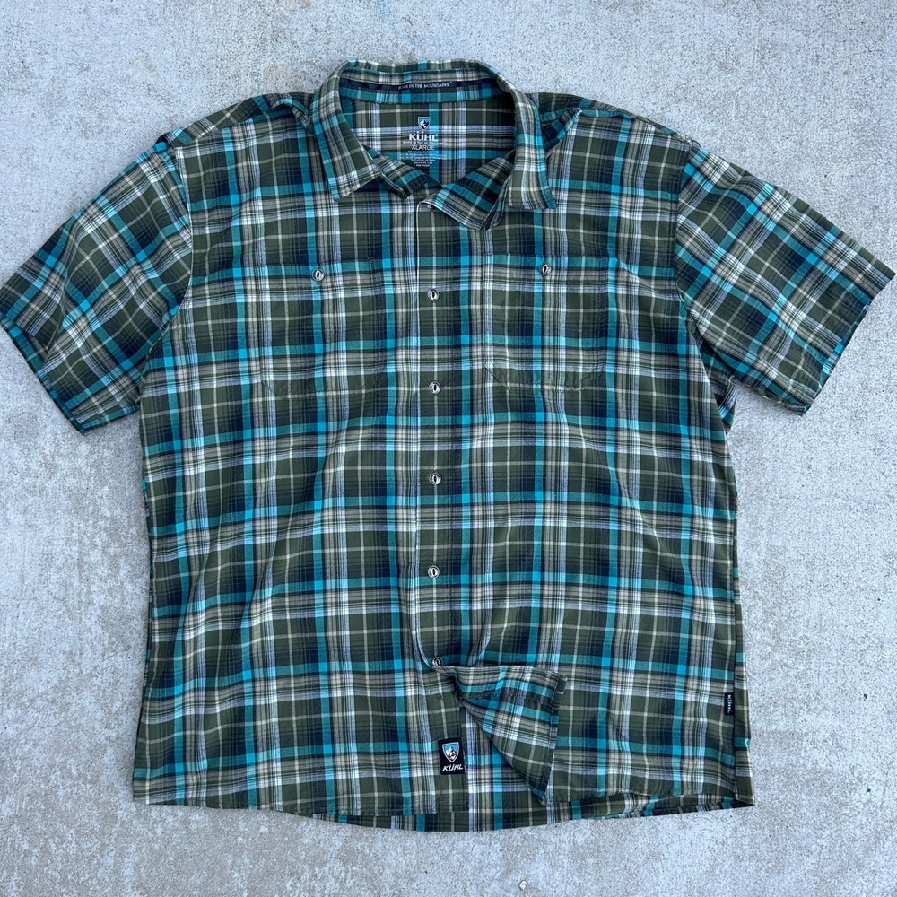 Kuhl Shirt XL Green Blue Plaid Short Sleeve Button Down Hiking Gorpcore Outdoor